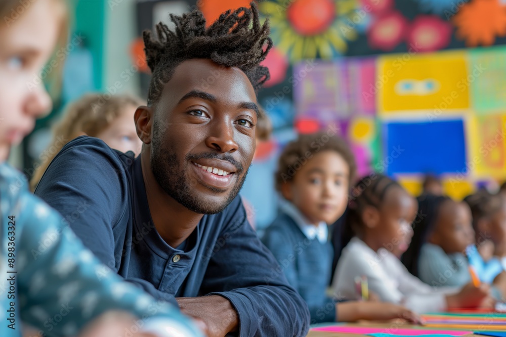 Teacher and students actively engaged in an art lesson, fostering creativity and collaboration in a colorful and lively classroom setting. Teacher and students actively engaged in an art lesson, fostering creativity and collaboration in a colorful and lively classroom setting.