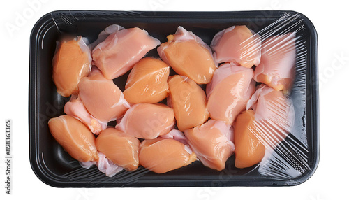 Raw chicken fillet in a packing tray on transparent background