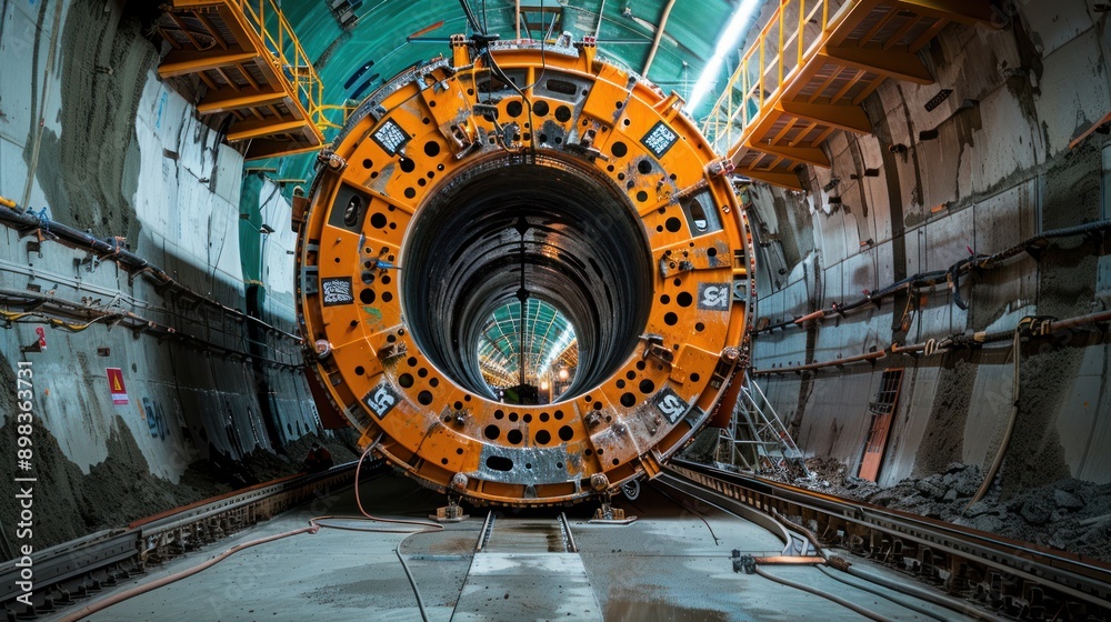 Fototapeta premium A tunnel boring machine in operation, illustrating the construction of underground infrastructure