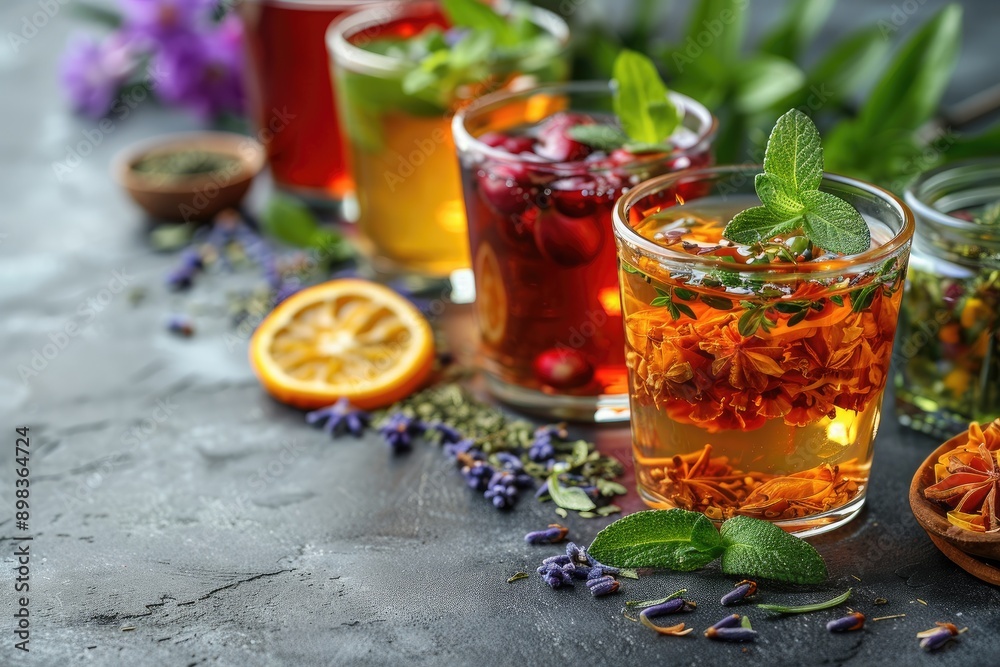 Different varieties of herbal and fruit tea in glass bowls filled with a hot drink on dark background. Close-up and selective focus. Vegan drinks. Medicinal herbal collection. Different varieties of herbal and fruit tea in glass bowls filled with a hot drink on dark background. Close-up and selective focus. Vegan drinks. Medicinal herbal collection.
