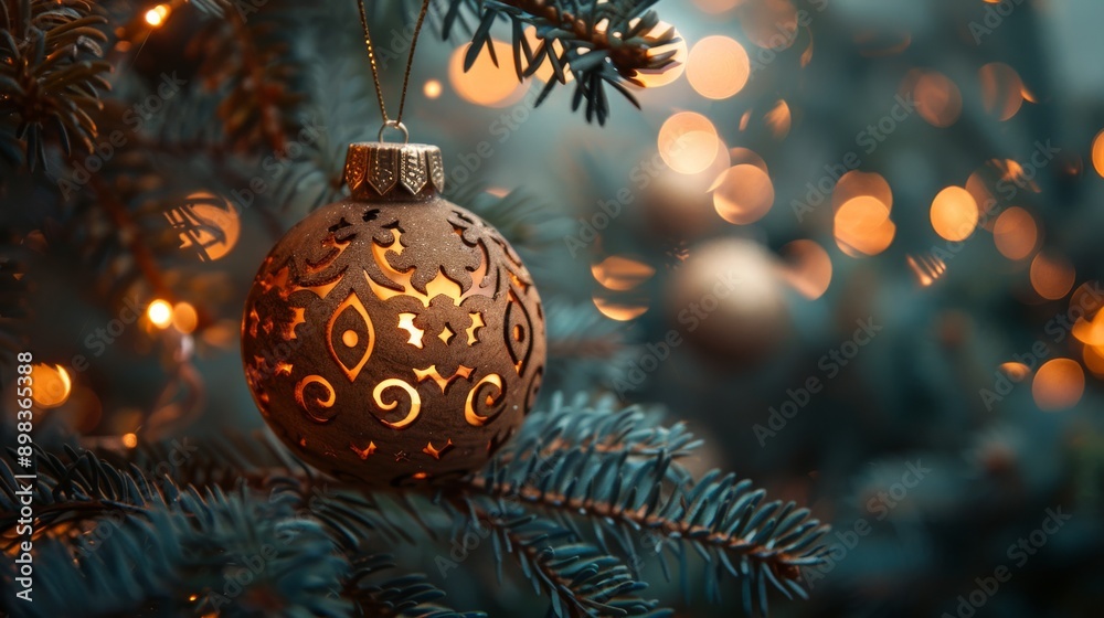 Christmas ornament hanging from a christmas tree branch with lights glowing in the background Christmas ornament hanging from a christmas tree branch with lights glowing in the background