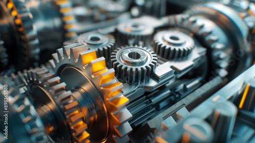 Close-up of interconnected metallic gears showcasing intricate details and precision mechanical engineering.