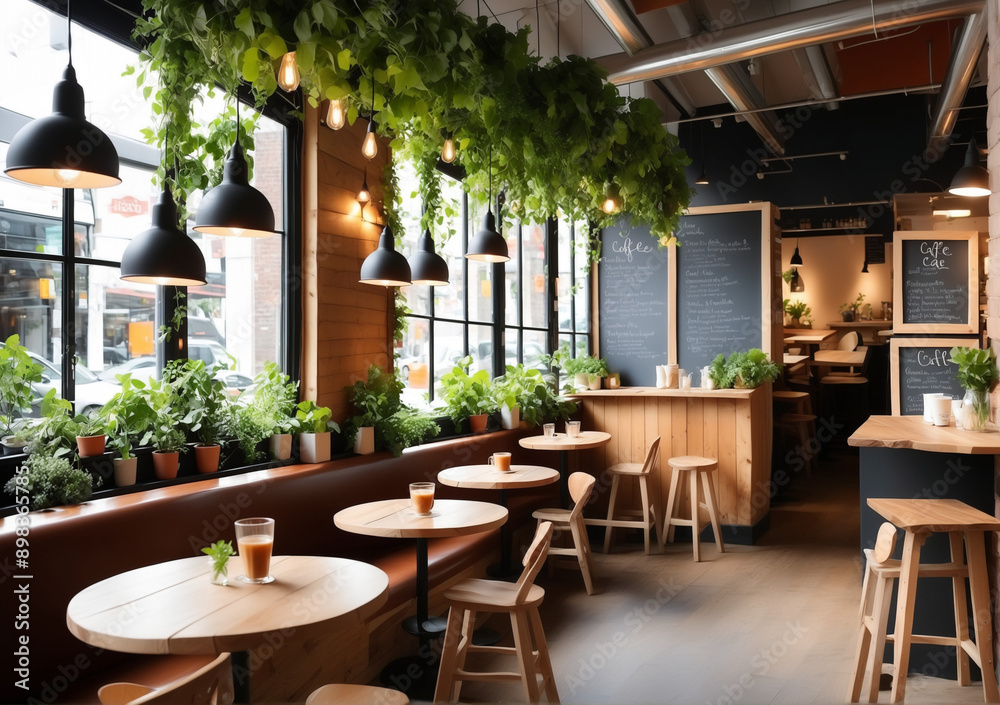 Cozy and inviting café interior with rustic wooden furniture and large windows allowing natural light to flood the space. The café features wooden tables and chairs, a row of high stools along the win