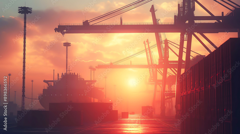 Silhouette container dock cargo yard working crane in shipyard transport logistic import export, Transportation logistics with sun sky background Silhouette container dock cargo yard working crane in shipyard transport logistic import export, Transportation logistics with sun sky background
