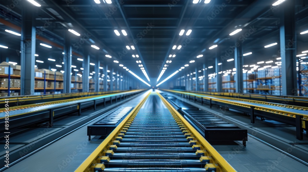 A modern warehouse with automated sorting systems, representing logistics and supply chain efficiency A modern warehouse with automated sorting systems, representing logistics and supply chain efficiency