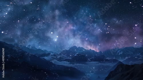A starry night sky with mountains in the background