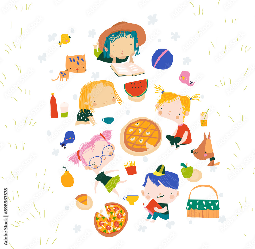 Happy children having picnic at the lawn. Hello summer. Vector illustration Happy children having picnic at the lawn. Hello summer. Vector illustration