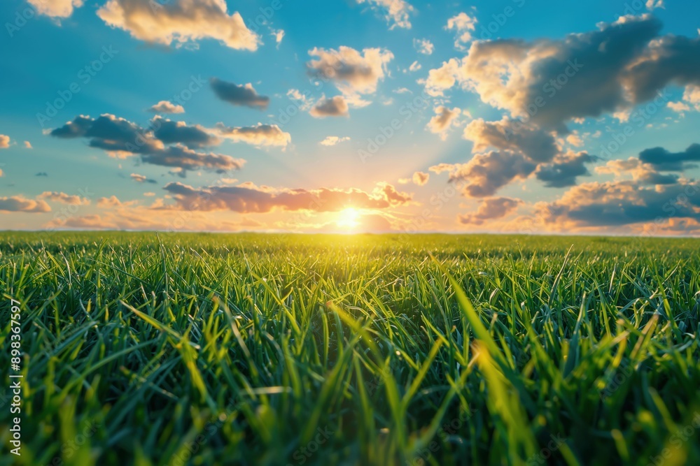 A wide grass field with a blue sky and sunset, a green fresh meadow with beautiful clouds. Sunlight shines through the clouds onto the green grass in spring or summer, captured in high resolution.
