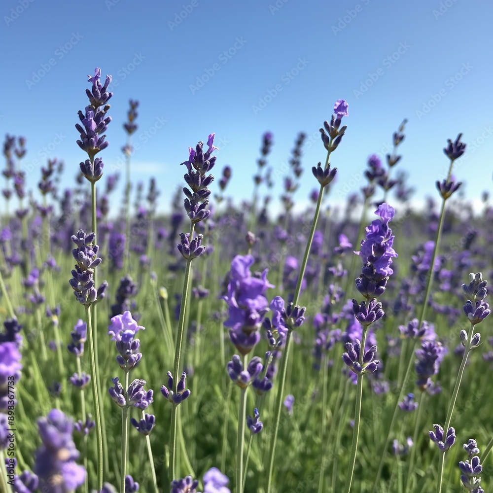 Obraz premium A field of lavender in full bloom under a clear blue sky, with vibrant purple flowers swaying in the breeze on a sunny day.