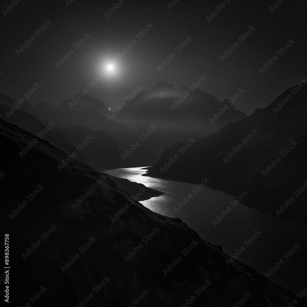 Black and white photo of moonlight over mountains with a lake in the foreground, dark, minimalistic, atmospheric, cinematic, and foggy. Black and white photo of moonlight over mountains with a lake in the foreground, dark, minimalistic, atmospheric, cinematic, and foggy.