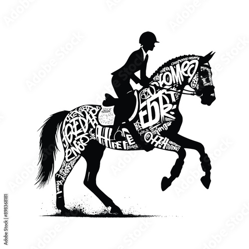 Equestrian, horse riding  female player in graffiti tags, street art pattern illustration, emblem shield badge