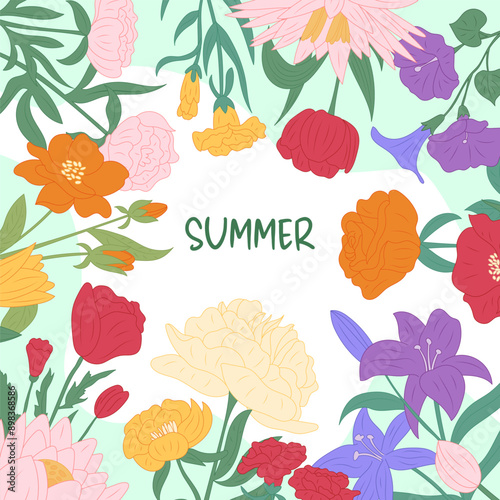 Summer frame. Different meadow flowers. poppy, chamomile and tulip. Minimal garden botanical plants. White chrysanthemum. Post or floral card design. Vector cartoon flat style isolated illustration
