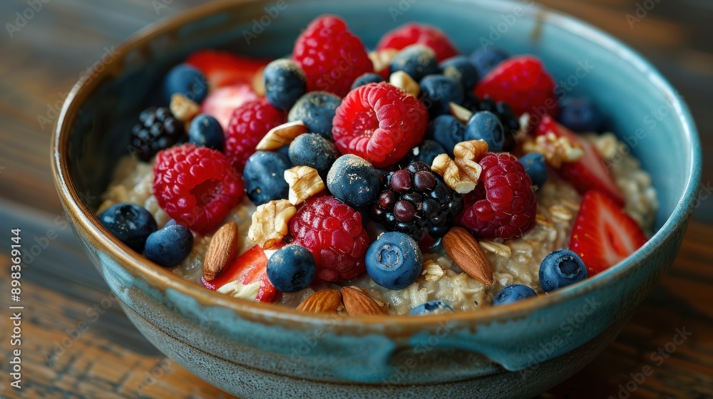 A bowl of oatmeal topped with fresh berries and nuts, symbolizing a nutritious breakfast A bowl of oatmeal topped with fresh berries and nuts, symbolizing a nutritious breakfast