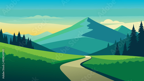 Beautiful nature landscape with green grass,  hill, trees, and footpath vector illustration 