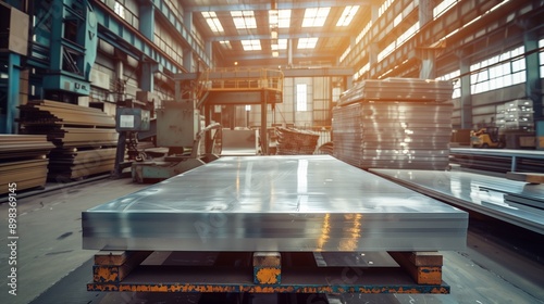 Large, rectangular aluminum plate rests on pallet in a factory setting. Stacks of similar plates can be seen in the background, along with other industrial equipment photo