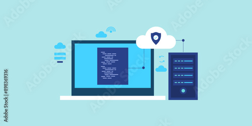 Virtual private cloud network, backend coding on screen and server data storage, internet security computer technology concept, vector illustration.
