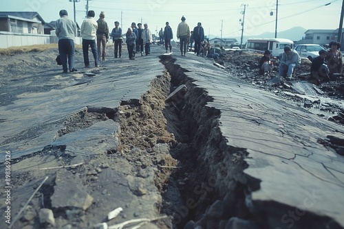 Earthquake, large crack in the middle road caused by earthquake. The ground is uneven and cracked. People scared, looking for shelter