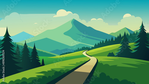 Beautiful nature landscape with green grass,  hill, trees, and footpath vector illustration 