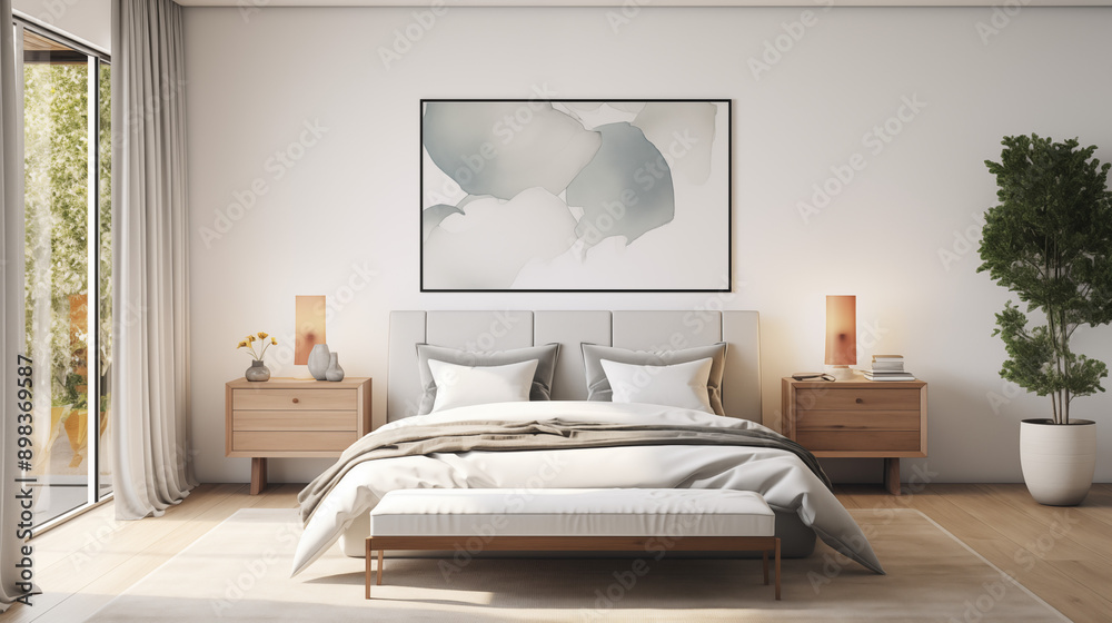 Bright Bedroom With Large Windows Soft Bedding And Green Accents Bright Bedroom With Large Windows Soft Bedding And Green Accents
