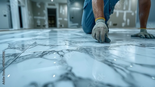 Worker wearing gloves carefully lays a marble tile on a newly constructed floor. Professional home master laying tiles in bathroom , man makes repairs. Human occupation, apartment renovation