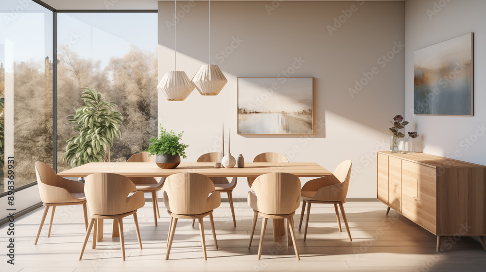 Bright Dining Room With Light Wooden Furniture And Large Windows Overlooking Trees In Contemporary Home Bright Dining Room With Light Wooden Furniture And Large Windows Overlooking Trees In Contemporary Home