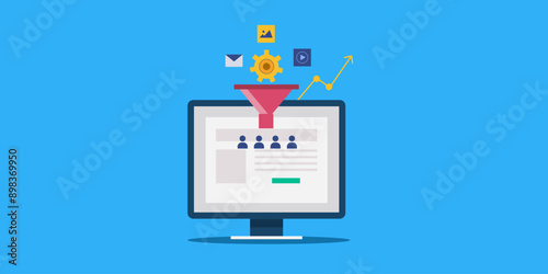Conversion rate optimization, sales funnel and online lead generation concept, e-business website vector illustration.