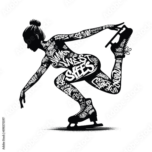 Figure Skating  female player in graffiti tags, street art pattern illustration, emblem shield badge