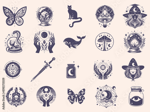 Set of mystical symbols, moon phases, crystals, witchy hands, crystal balls, wolf, mushroom, poison, celestial tattoo silhouette