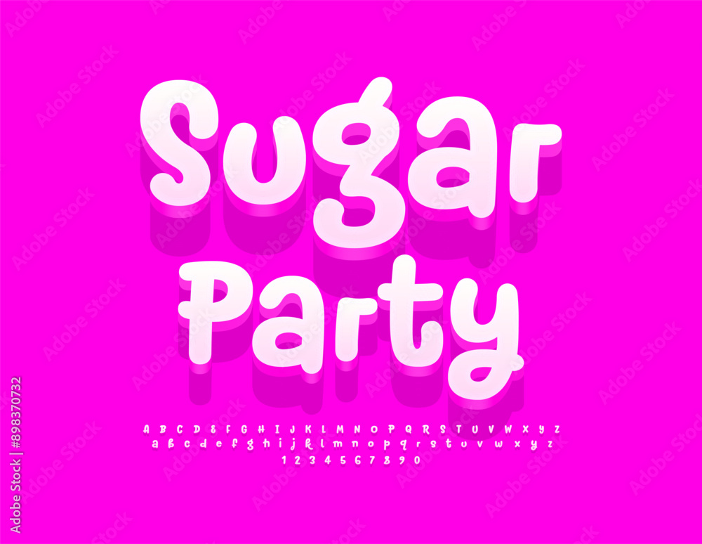 Vector funny poster Sugar Party with playful 3D Font. White artistic Alphabet Letters and Numbers set Vector funny poster Sugar Party with playful 3D Font. White artistic Alphabet Letters and Numbers set