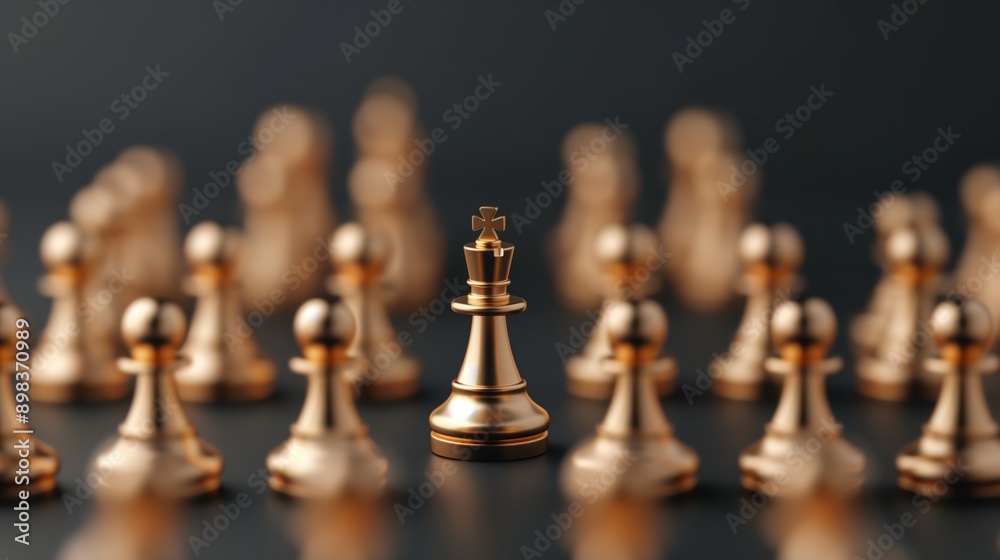 Close-up of a gold king chess piece surrounded by out-of-focus pawns on a chessboard. Close-up of a gold king chess piece surrounded by out-of-focus pawns on a chessboard.