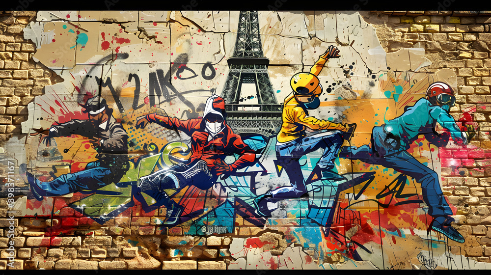 Fototapeta premium Graffiti Breaking: A graffiti-style illustration of breakdancers with the Eiffel Tower in the background on a brick wall background.