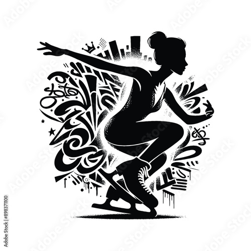 Figure Skating  female player in graffiti tags, street art pattern illustration, emblem shield badge