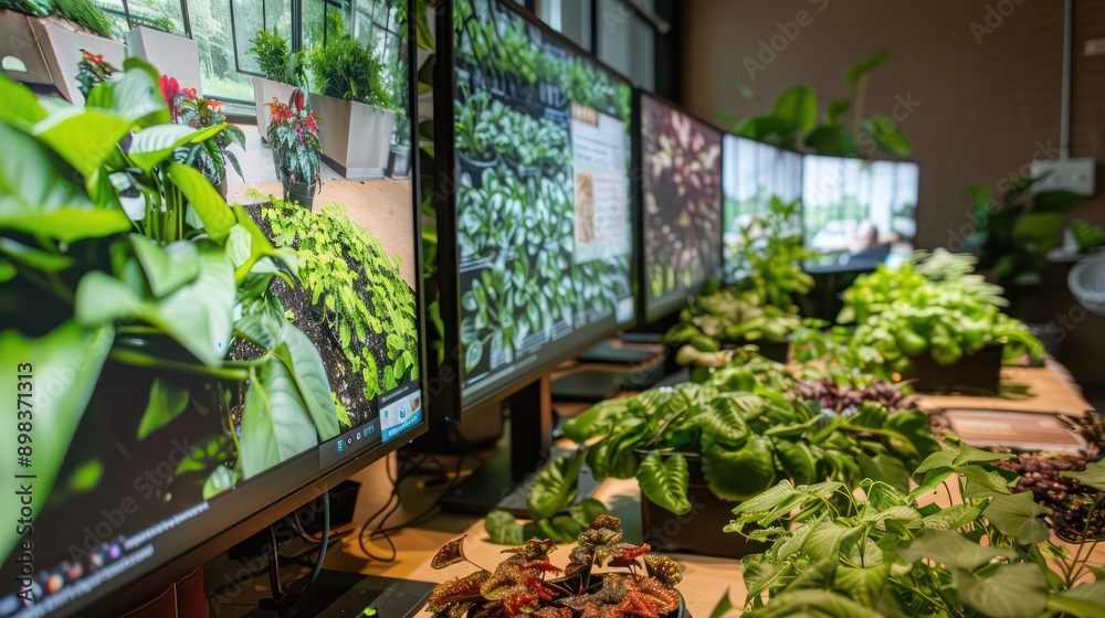 digital horticulture class where students learn about plant care and landscape design, with screens showing different plant species and care techniques digital horticulture class where students learn about plant care and landscape design, with screens showing different plant species and care techniques