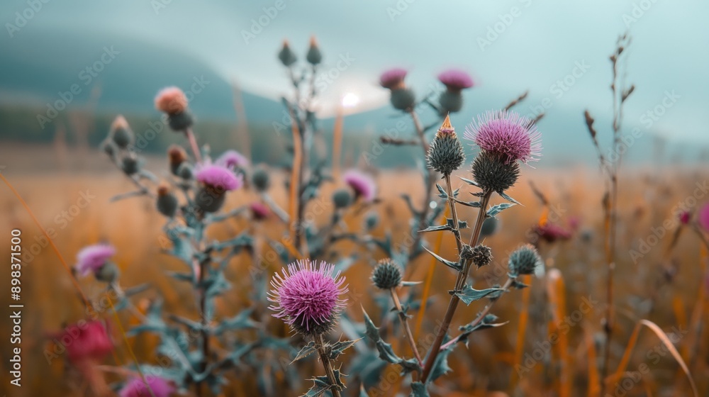 Obraz premium Close-up of wild thistle flowers with purple blooms in a meadow, with softly blurred mountains and sky in the background.