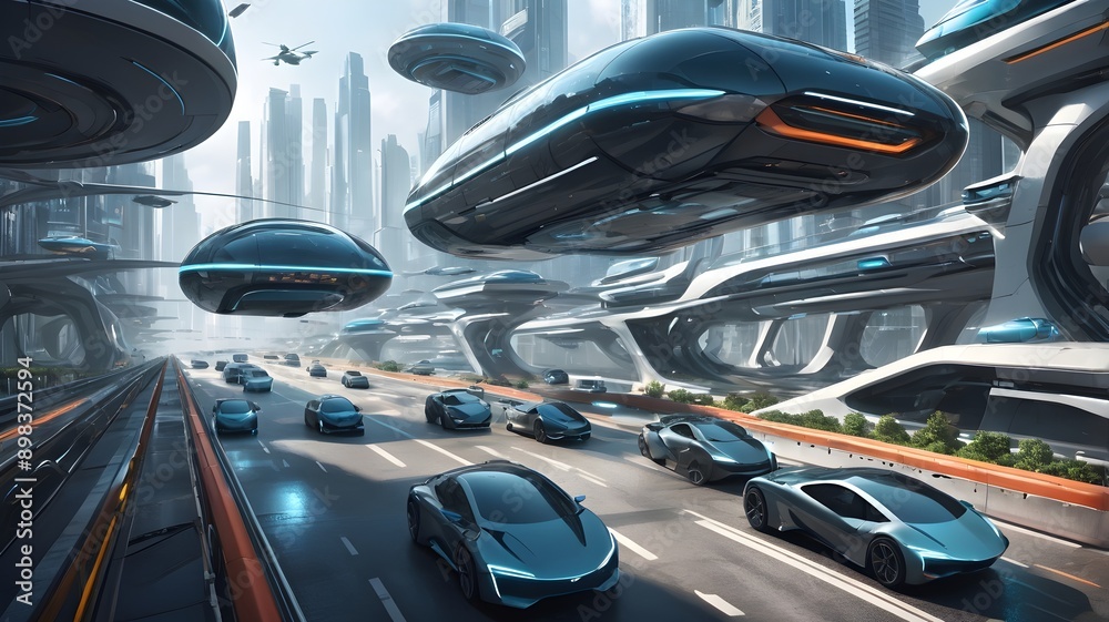 Illustration of futuristic traffic with floating cars and floating ...