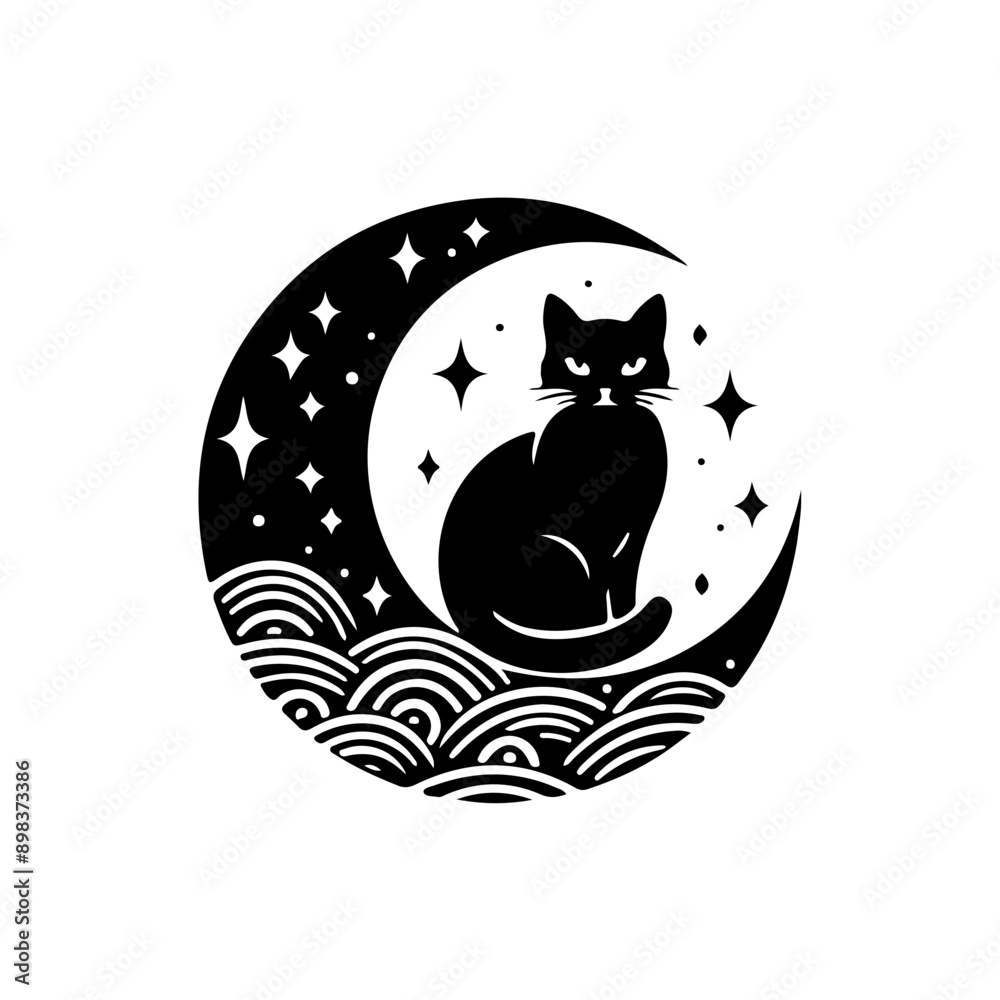 Obraz premium Mystical Black Cat Sitting on Crescent Moon with Celestial Witchcraft Symbol and Elements, Minimalist victor illustration Silhouette Style.