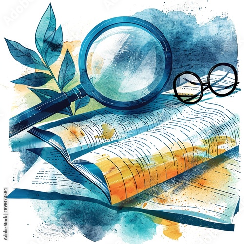 This illustration depicts the seamless integration of RFP text into an unfolding document. Magnifying glasses hover over different sections, symbolizing detailed examination and exploration of proposa photo