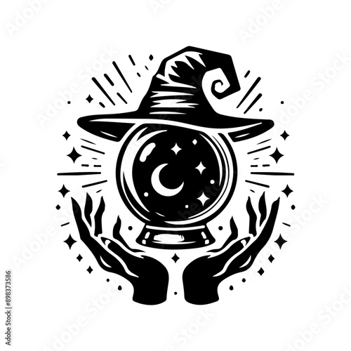Magic crystal gem with crescent moon and stars in witch hands of fortune teller line art and dot work. Boho chic tattoo, poster or altar veil print design vector illustration