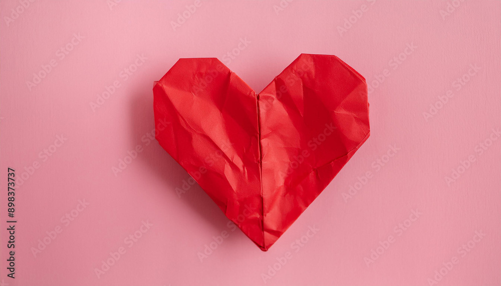 Red crumpled heart made of paper on pink. Broken relationship, heartbreak and nostalgia. Red crumpled heart made of paper on pink. Broken relationship, heartbreak and nostalgia.