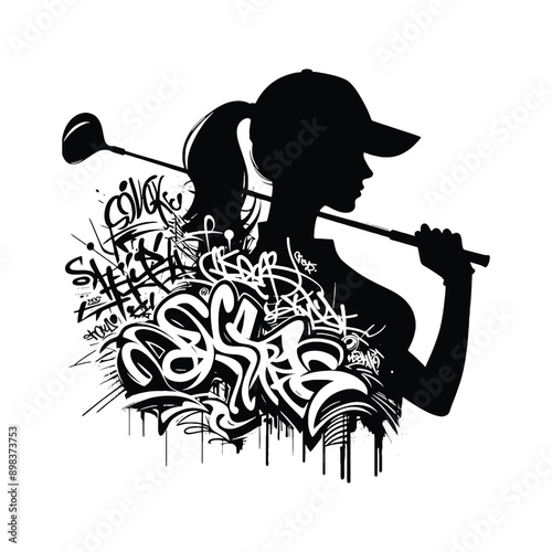 Golf  female player in graffiti tags, street art pattern illustration, emblem shield badge