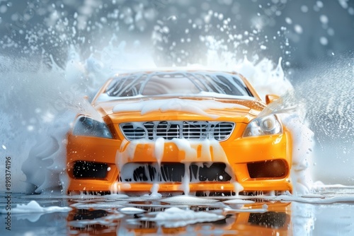 Washing service with soap foam car transportation automobile.
