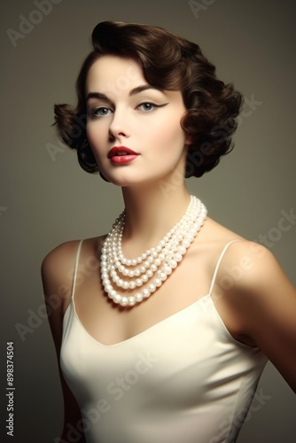 Woman wearing pearl necklace portrait jewelry dress.