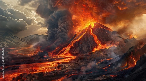 Power of Iceland Volcanic Eruption, eruption of the volcano in Iceland. AI generated illustration photo