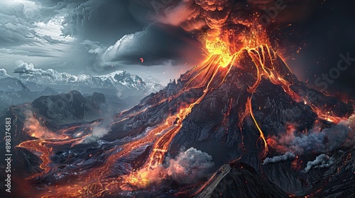 Power of Iceland Volcanic Eruption, eruption of the volcano in Iceland. AI generated illustration