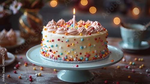 Frosted cake decorated with colorful sprinkles and a lit candle is sitting on a cake stand