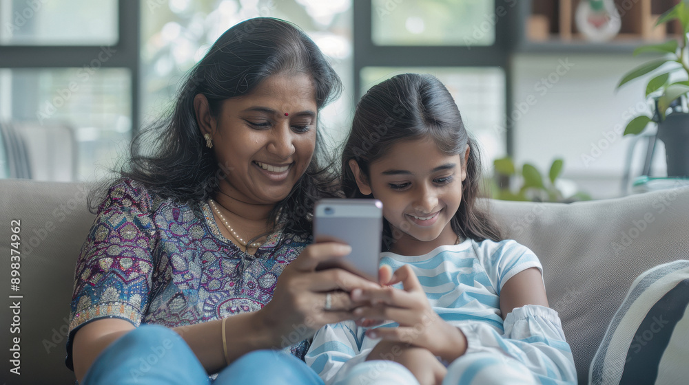mom and teen girl using mobile on sofa mom and teen girl using mobile on sofa