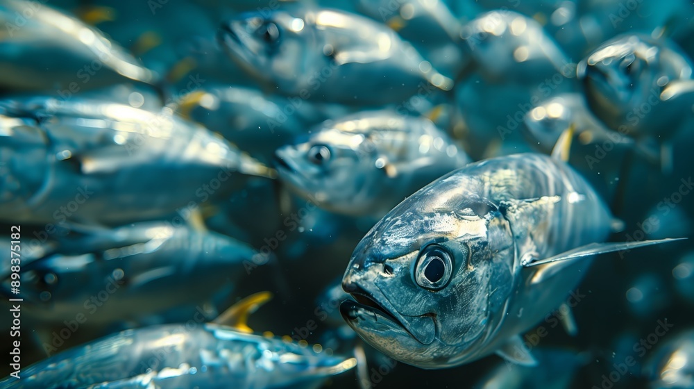 A vivid close-up image of a tuna fish swimming underwater. A vivid close-up image of a tuna fish swimming underwater.