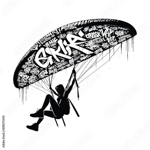 Hang Gliding  female player in graffiti tags, street art pattern illustration, emblem shield badge