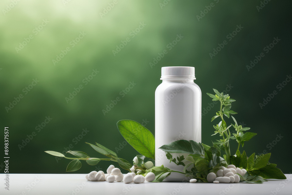 dietary supplement, light background, natural, herbal white bottle