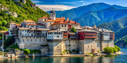 Panteleimonos medieval Monastery on Holy Mount Athos AI Generative photo